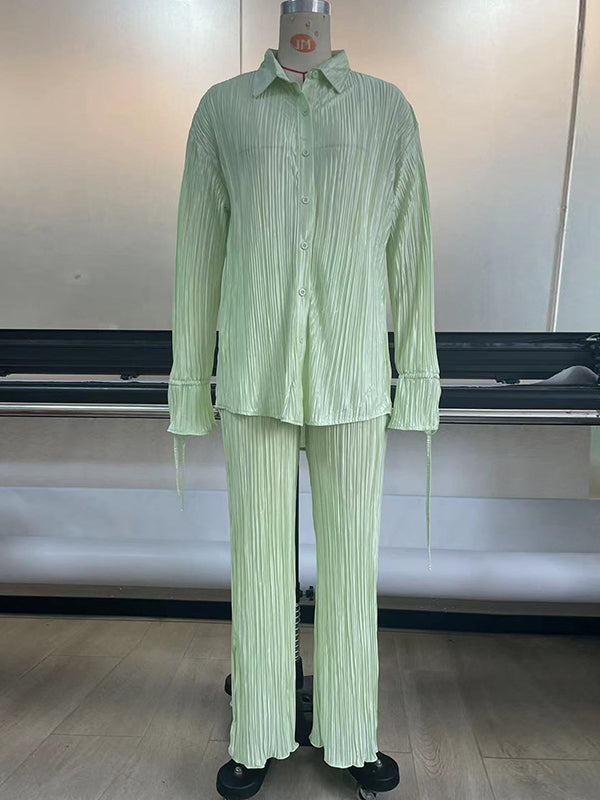 Flared Sleeves Long Sleeves Buttoned Drawstring Pleated Solid Color Split-Side Lapel Shirts Top + Pants Bottom Pajama Sets