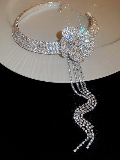 Flower Shape Rhine Stones Tasseled Necklaces Accessories