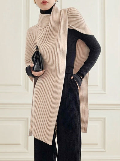 Loose Asymmetric Solid Color Split-Joint High Neck Sweater Tops