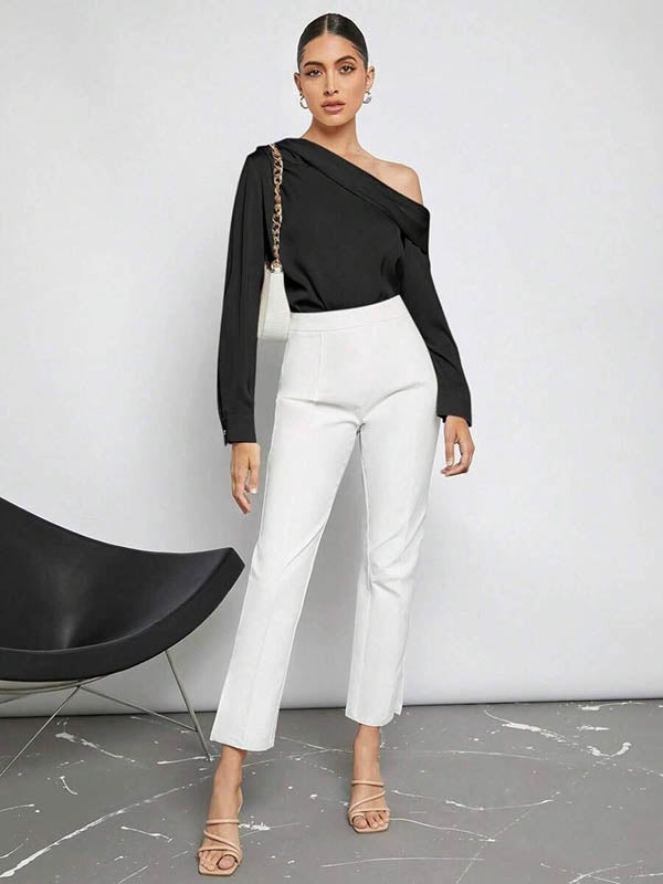 Long Sleeves Skinny Pleated Solid Color Split-Joint One-Shoulder Blouses&Shirts Tops