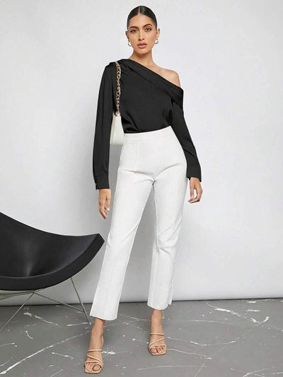 Long Sleeves Skinny Pleated Solid Color Split-Joint One-Shoulder Blouses&Shirts Tops