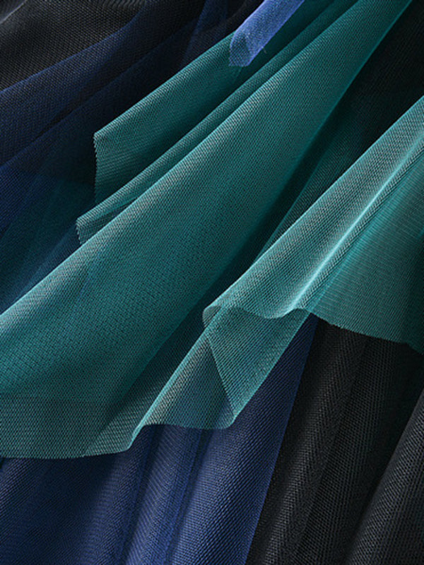 Urban Green Blue Contrast Color Irregular A-Line Gauze Skirts
