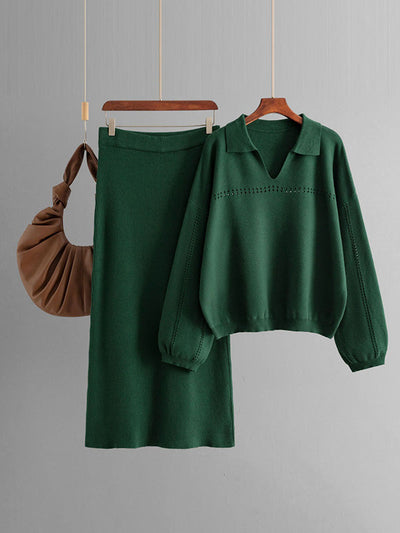 Loose Puff Sleeves Hollow Solid Color Sweater + Elasticity Skirt Two Pieces Set