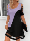 A-Line Loose Contrast Color Hollow Mesh Split-Joint Cold Shoulder Mini Dresses