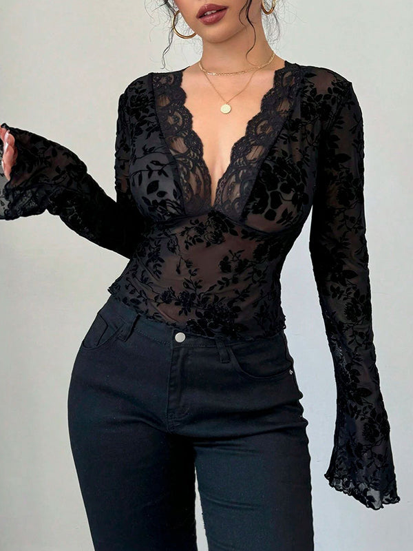 Flared Sleeves Long Sleeves Solid Color Deep V-Neck T-Shirts