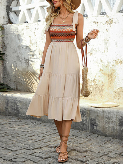 A-Line High Waisted Contrast Color Jacquard Pleated Split-Joint Adjustable Straps Midi Dresses