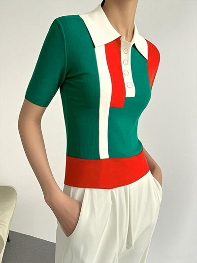 Short Sleeves Skinny Buttoned Contrast Color Lapel Polo-Style T-Shirts Tops