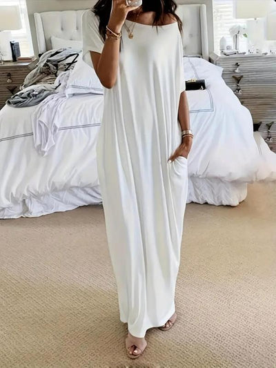 Loose Short Sleeves Solid Color Round-Neck Maxi Dresses
