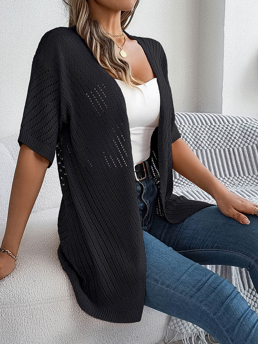 Half Sleeves Loose Hollow Solid Color Cardigan Tops
