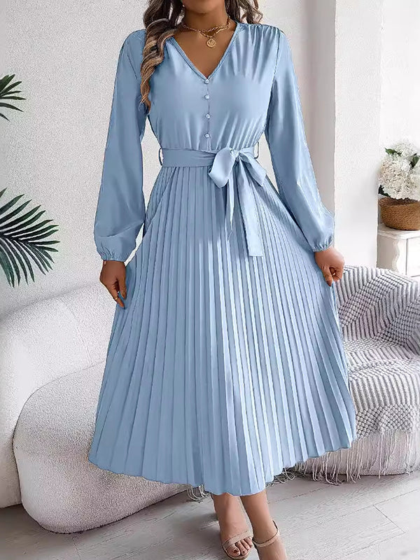 High Waisted Long Sleeves Belted Buttoned Pleated Solid Color V-Neck Maxi Dresses