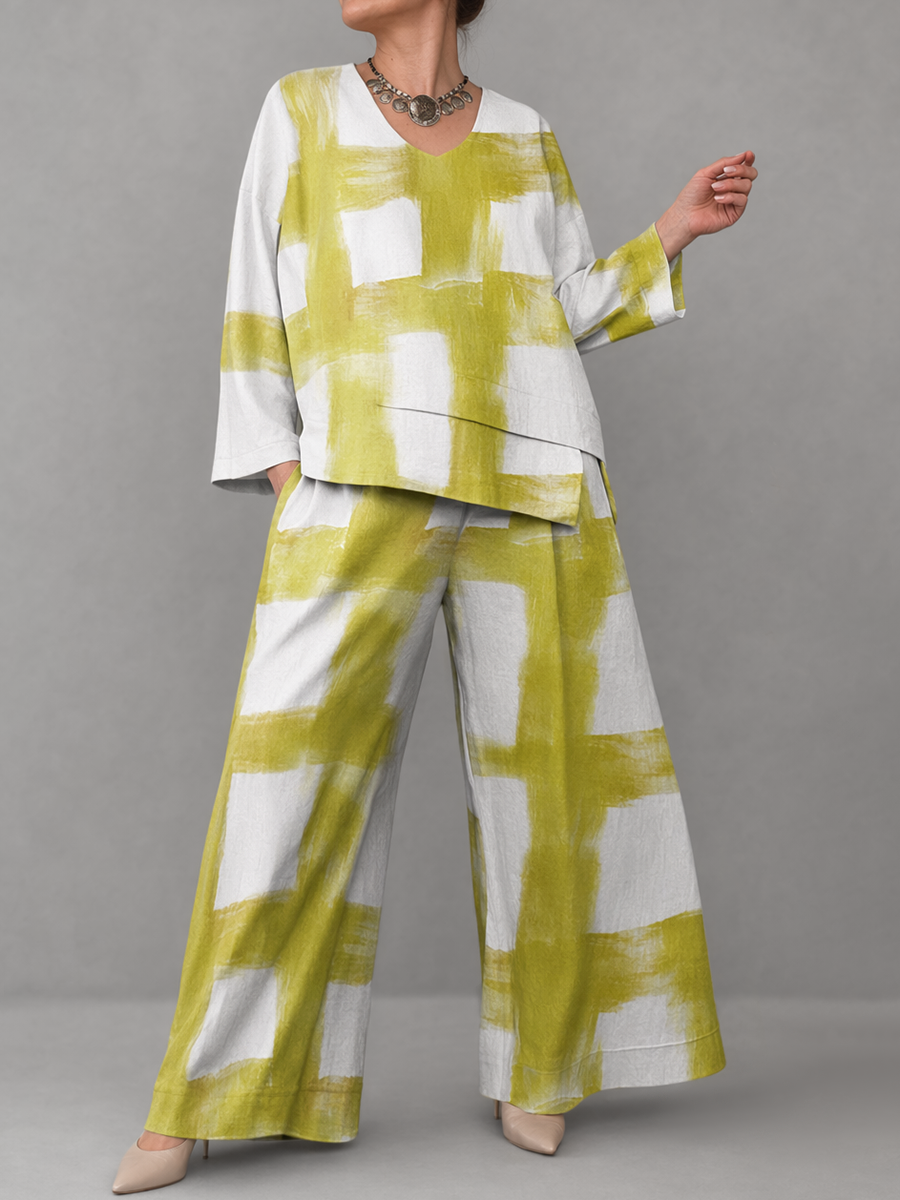 Contrast Color Printed V-Neck Long Sleeves Asymmetric Blouses&Shirts Tops + High Waisted Pockets Pants Trousers Two Pieces Set