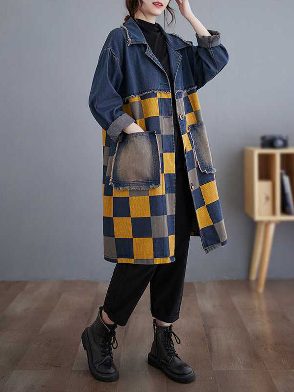 Long Sleeves Loose Buttoned Fringed Plaid Pockets Split-Joint Notched Collar Denim Outerwear