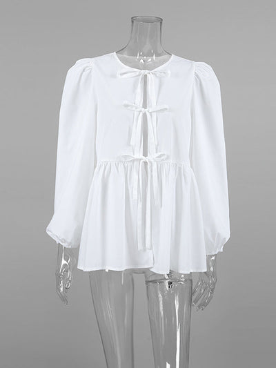 Long Sleeves Loose Elasticity Solid Color Split-Joint Tied Round-Neck Blouses&Shirts Tops