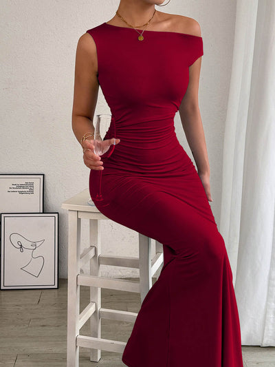 Bodycon High Waisted Asymmetric Pleated Solid Color Split-Side One-Shoulder Maxi Dresses