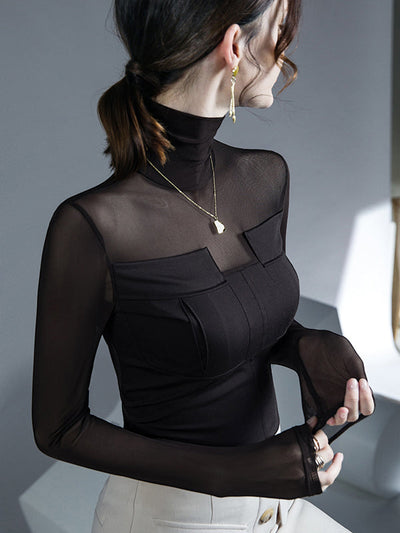 Long Sleeves Skinny See-Through Solid Color Split-Joint High Neck Blouses&Shirts Tops