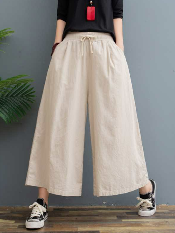 Simple Wide Leg Loose Drawstring Solid Color Casual Pants Bottoms