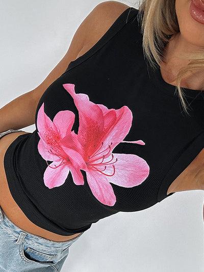 Skinny Sleeveless Flower Print Round-Neck Vest Top