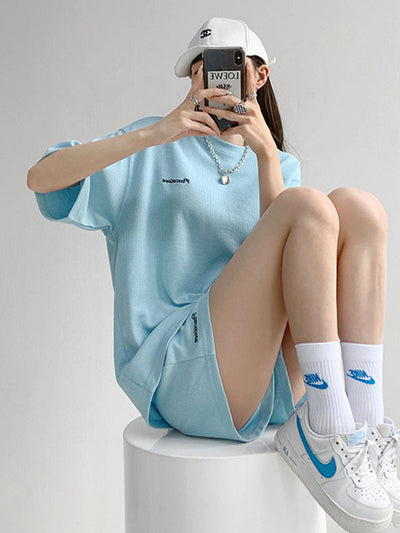 Short Sleeves Split-Joint Round-Neck T-Shirt + Elasticity Waist Shorts Two Pieces Set