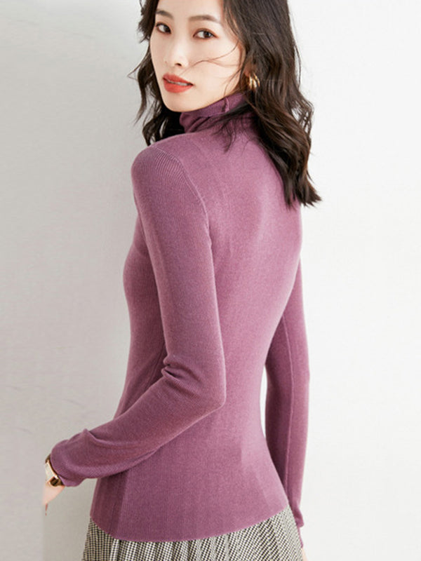Simple Skinny Long Sleeves Solid Color High-Neck Sweater Tops Pullovers