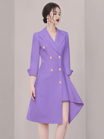 Irregularity Long Sleeves Asymmetric Buttoned Double-Breasted Solid Color Split-Joint Peaked Collar Blazer Mini Dresses