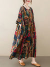 Vintage Loose Abstract Printed Pleated Round-Neck Half Sleeves Midi Dress