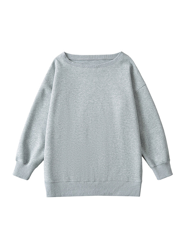 Long Sleeves Loose Solid Color Split-Joint Round-Neck Sweatshirt Tops