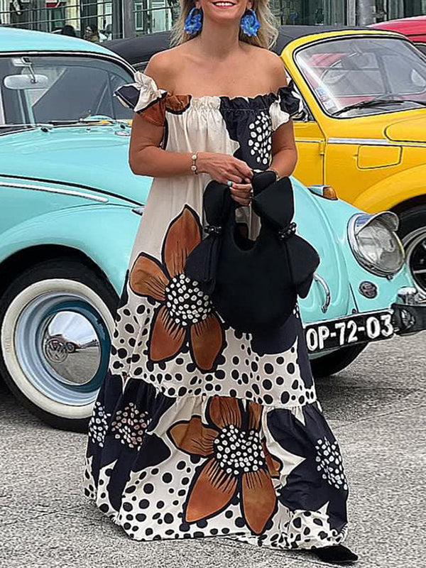 Loose Short Sleeves Flower Print Split-Joint Off-The-Shoulder Maxi Dresses