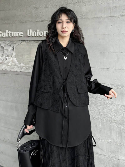 Solid Color Split-Joint Asymmetric Drawstring Flower Print   False Two Lapel Buttoned Pockets Blouses&Shirts Tops + Elasticated Waist Double Layered Skirts Bottoms Two Pieces Set