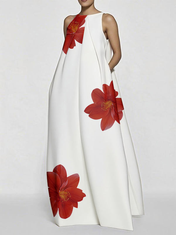 A-Line Sleeveless Asymmetric Floral Printed Split-Joint Round-Neck Maxi Dresses