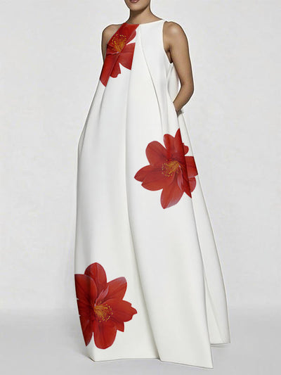 A-Line Sleeveless Asymmetric Floral Printed Split-Joint Round-Neck Maxi Dresses