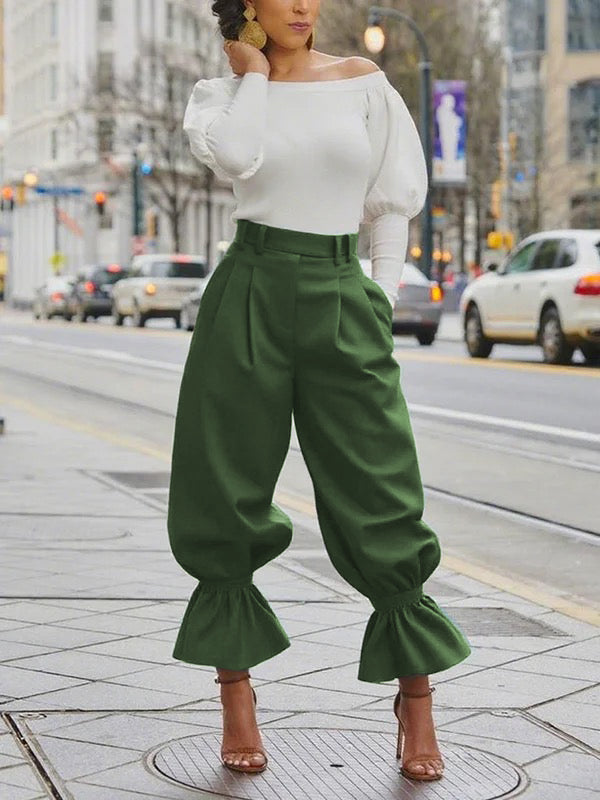 High Waisted Pleated Pockets Ruffle Trim Solid Color Pants