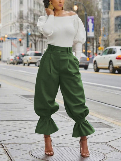 High Waisted Pleated Pockets Ruffle Trim Solid Color Pants