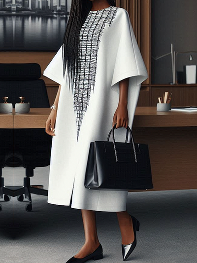 Loose Three-Quarter Sleeves Printed Split-Front Round-Neck Midi Dresses