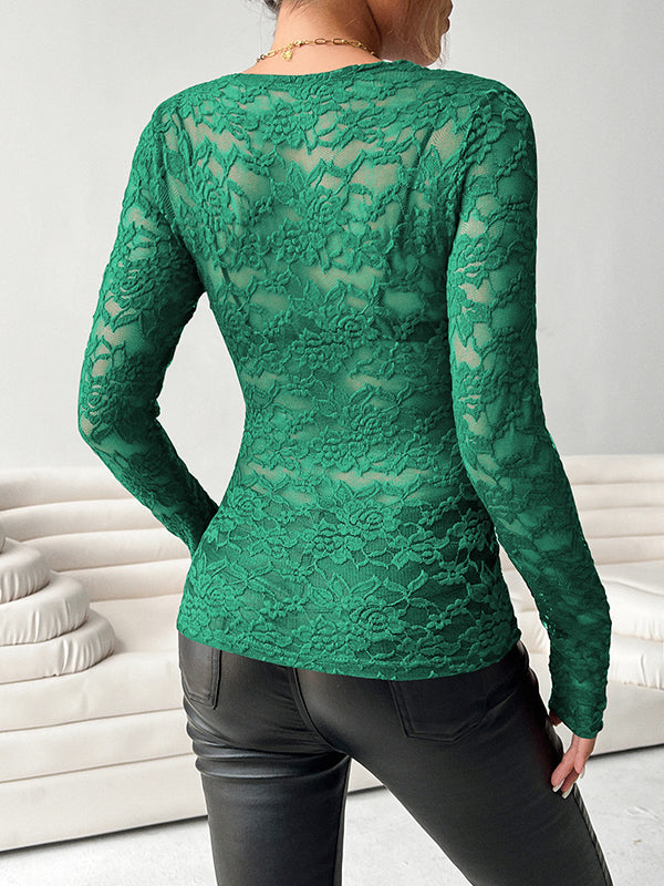 Long Sleeves Skinny See-Through Solid Color Deep V-Neck T-Shirts
