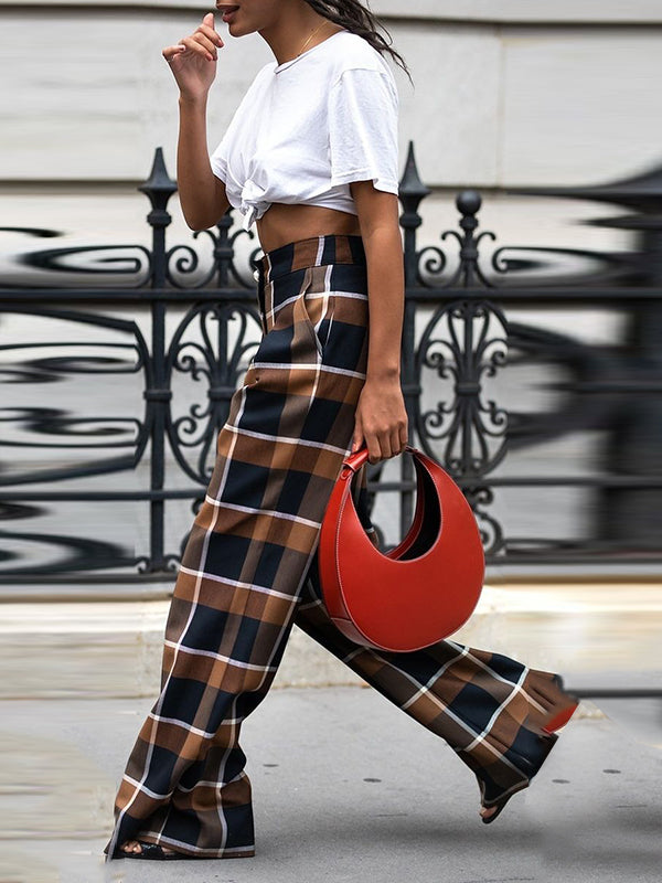 High Waisted Wide Leg Plaid Split-Joint Pants Trousers