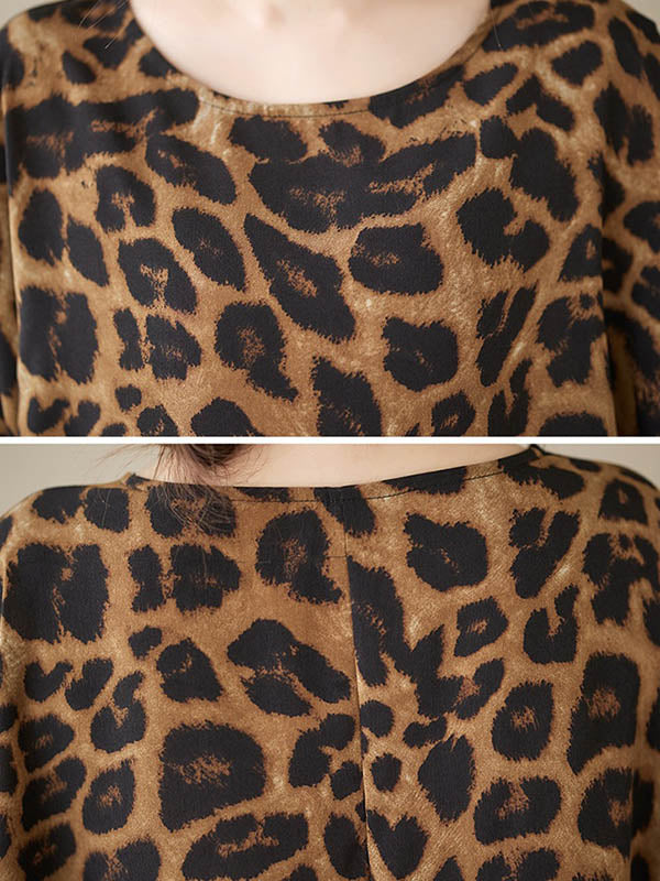 Batwing Sleeves Loose Leopard Round-Neck T-Shirts Tops