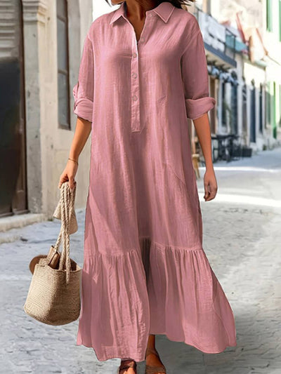 A-Line Long Sleeves Buttoned Pleated Solid Color Split-Joint Lapel Maxi Dresses