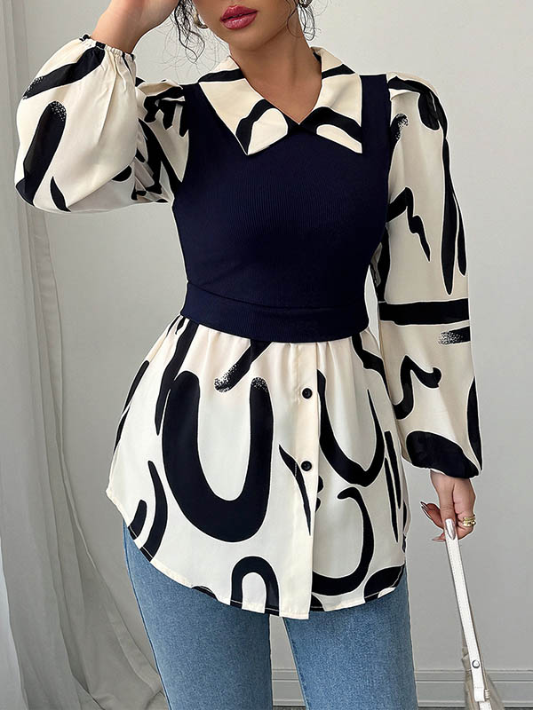 Long Sleeves Loose Buttoned Contrast Color Pleated Split-Joint Lapel Blouses&Shirts Tops