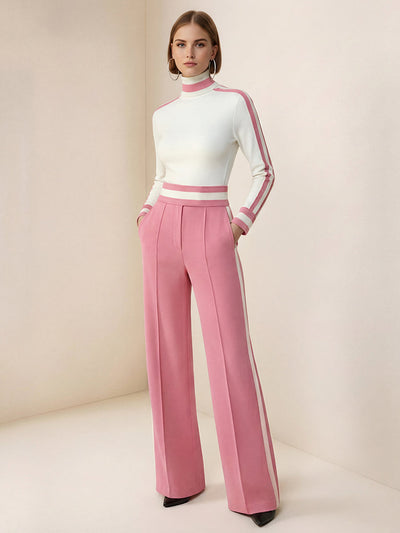 Long Sleeves Skinny Contrast Color Split-Joint Striped High Neck T-Shirts Tops