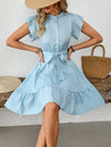A-Line Loose Buttoned Pleated Polka-Dot Tied Waist Round-Neck Mini Dresses