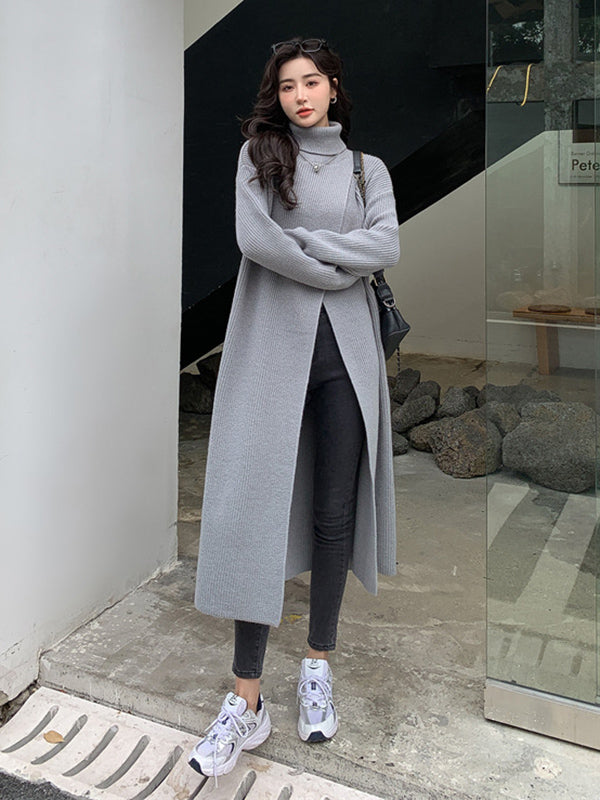 Stylish Long Sleeves Split-Front Solid Color High-Neck Sweater Tops
