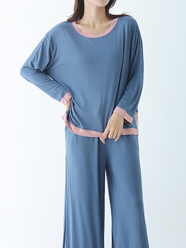 Long Sleeves Loose Contrast Color Round-Neck Two Pieces Pajama Set