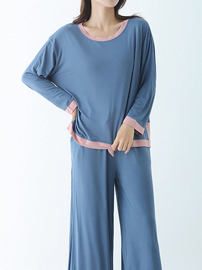 Long Sleeves Loose Contrast Color Round-Neck Two Pieces Pajama Set