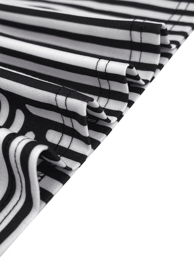 Loose Three-Quarter Sleeves Figure Printed Split-Joint Striped Stand Collar T-Shirts