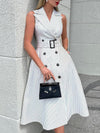 A-Line Sleeveless Split-Joint Striped Tied Waist Lapel Midi Dresses Shirt Dress