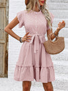 A-Line Loose Buttoned Pleated Polka-Dot Tied Waist Round-Neck Mini Dresses