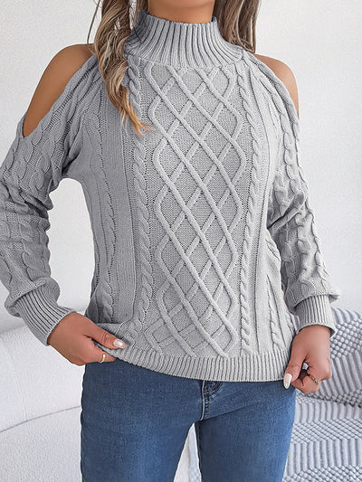 Long Sleeves Loose Hollow Solid Color Cold Shoulder Pullovers Sweater Tops