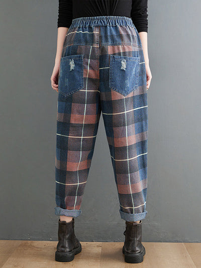 Original Artistic Retro Plaid Jean Pants