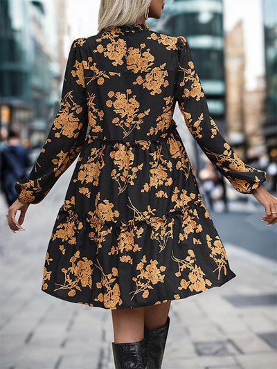 A-Line High Waisted Elasticity Flower Print Split-Joint Round-Neck Mini Dresses