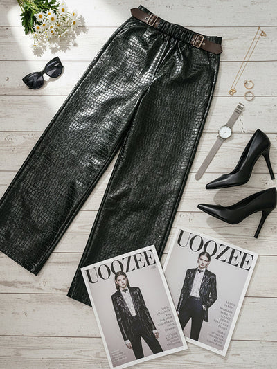 Loose Wide Leg Crocodile Texture Leather Loop Pants